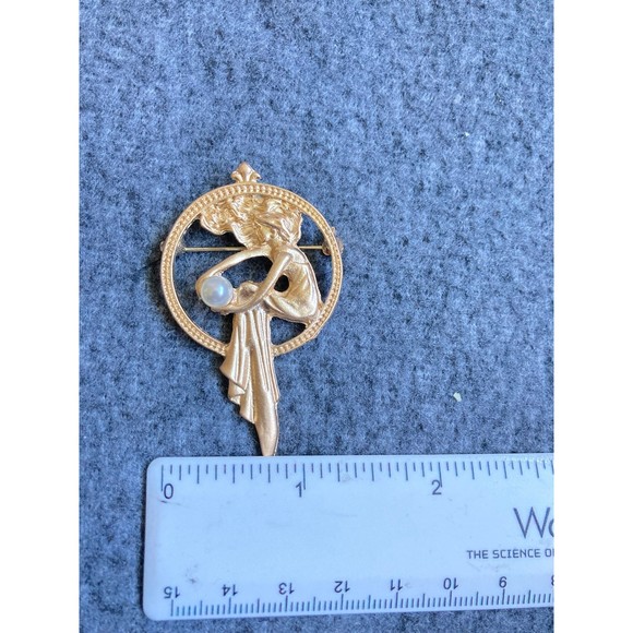 Art Nouveau Muse Brooch Gold Woman Silhouette with Pearl Detail Vintage inspired - Picture 5 of 6